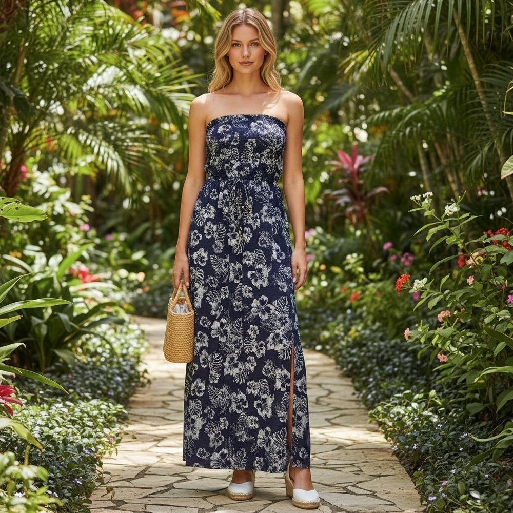 NWT Tommy Bahama Tie Front Sleeveless Maxi Dress Floral Blue Bottom Slit Small P